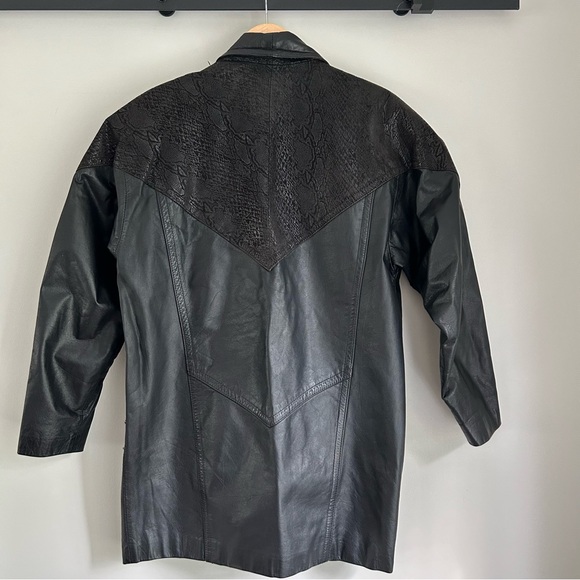 Vintage 80s Black Leather Coat Jacket Large Shoulders - Picture 10 of 16